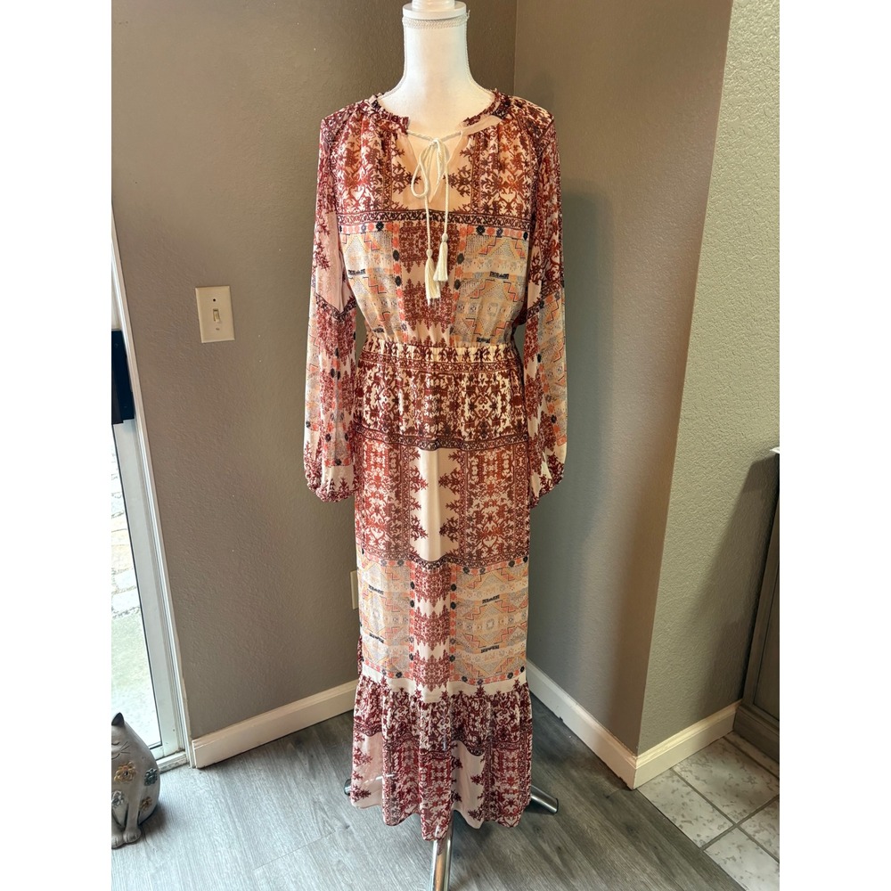 Mossimo Womens Boho Patchwork Maxi Dress Rust Medallion Tie Neck Medium‎